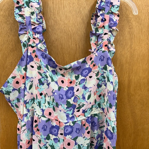 New Kori Floral Print Ruffle Straps with Back Tie Jumpsuit in Lavender Size XL - Picture 6 of 14